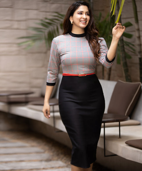 Solid Black Mixed Gingham Bodycon Dress